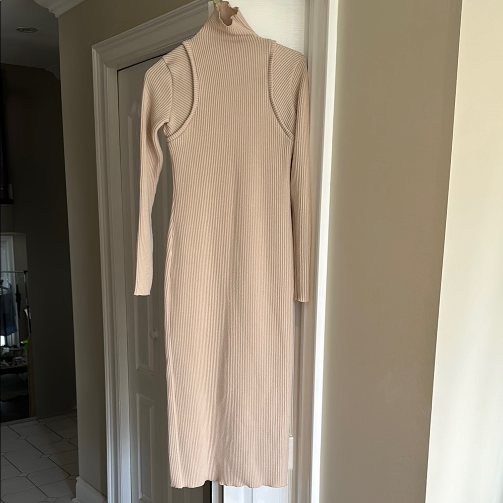 Cream Long Sleeve Ribbed Dress